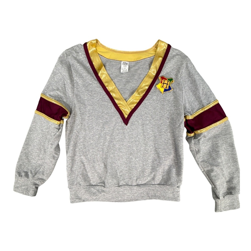 A Wish Come True Harry Potter Hogwarts V-Neck Sweatshirt Gray Gold Gryffindor S‎